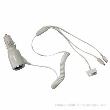 3-in-1 Car Charger for Samsung/iPhone 4 and 5, 12-24V AC Input Voltage, 50/60Hz